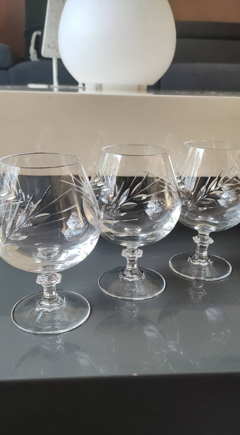 Set of 6 Cognac Glasses. Fleury/Arques Crystal Model. Wheat Ears Design