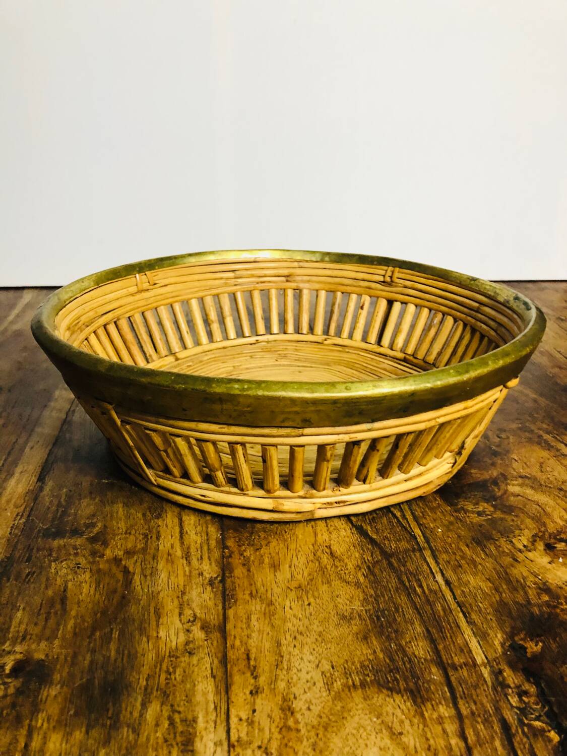 Large rattan and brass basket by Gabriella Crespi. Italy. 1970