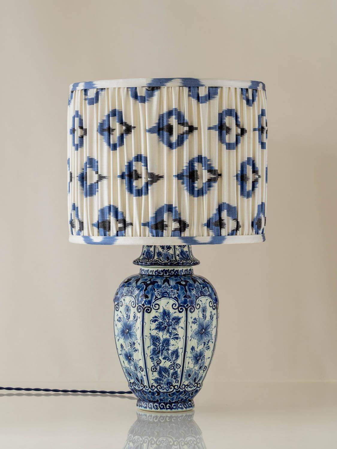 Hand-Painted Ceramic Table Lamp in Delft Blue and White with Ikat Shade
