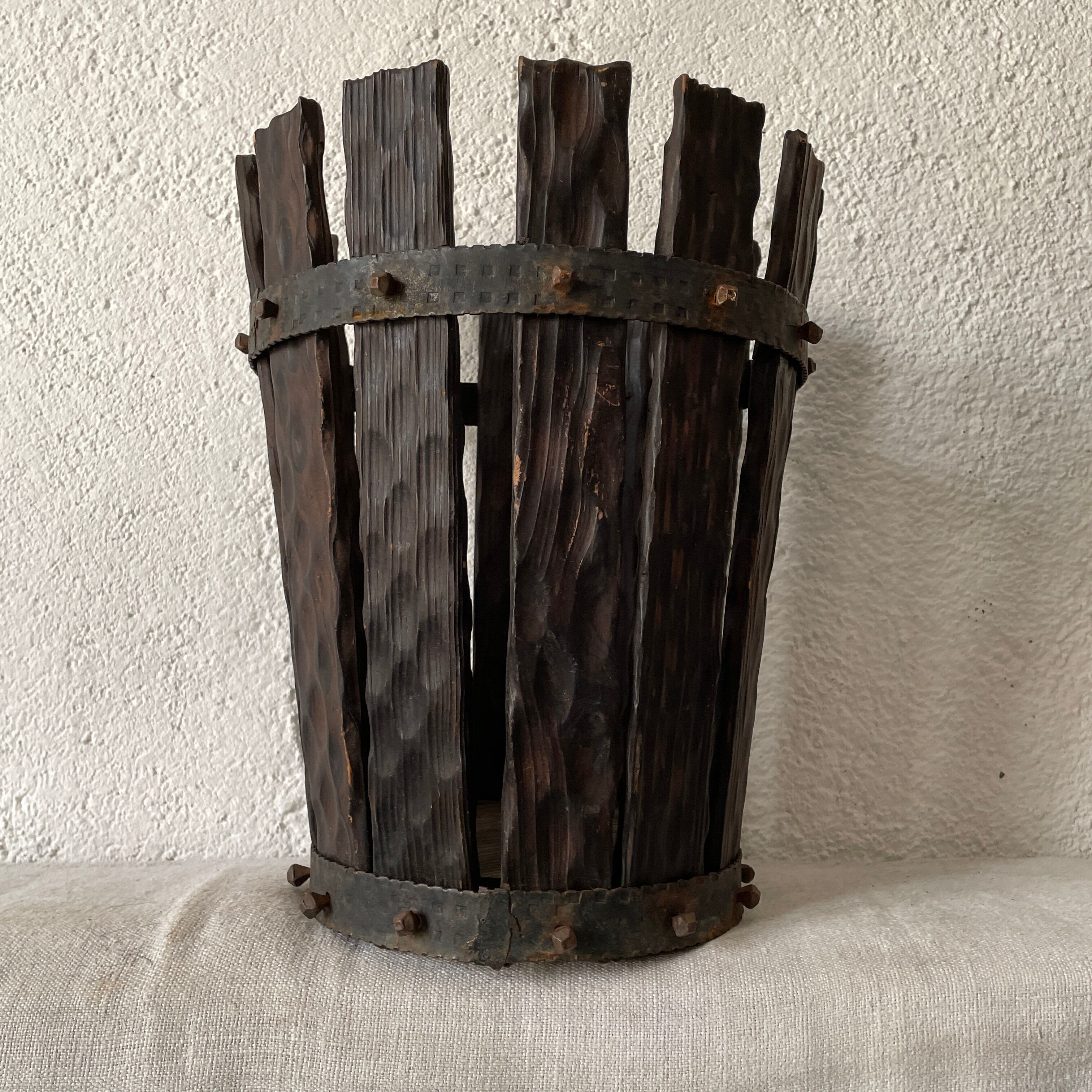 Brutalist basket wood and wrought iron 1950/1960