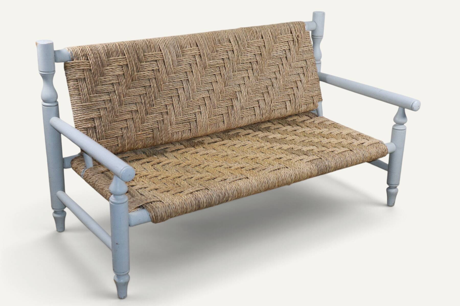 Vintage bench in braided rope and painted wood, 1950s-60s.