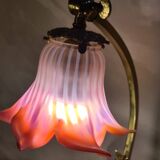 Large restored brass lamp with pretty art nouveau tulip 1900, electricity ok 47x28