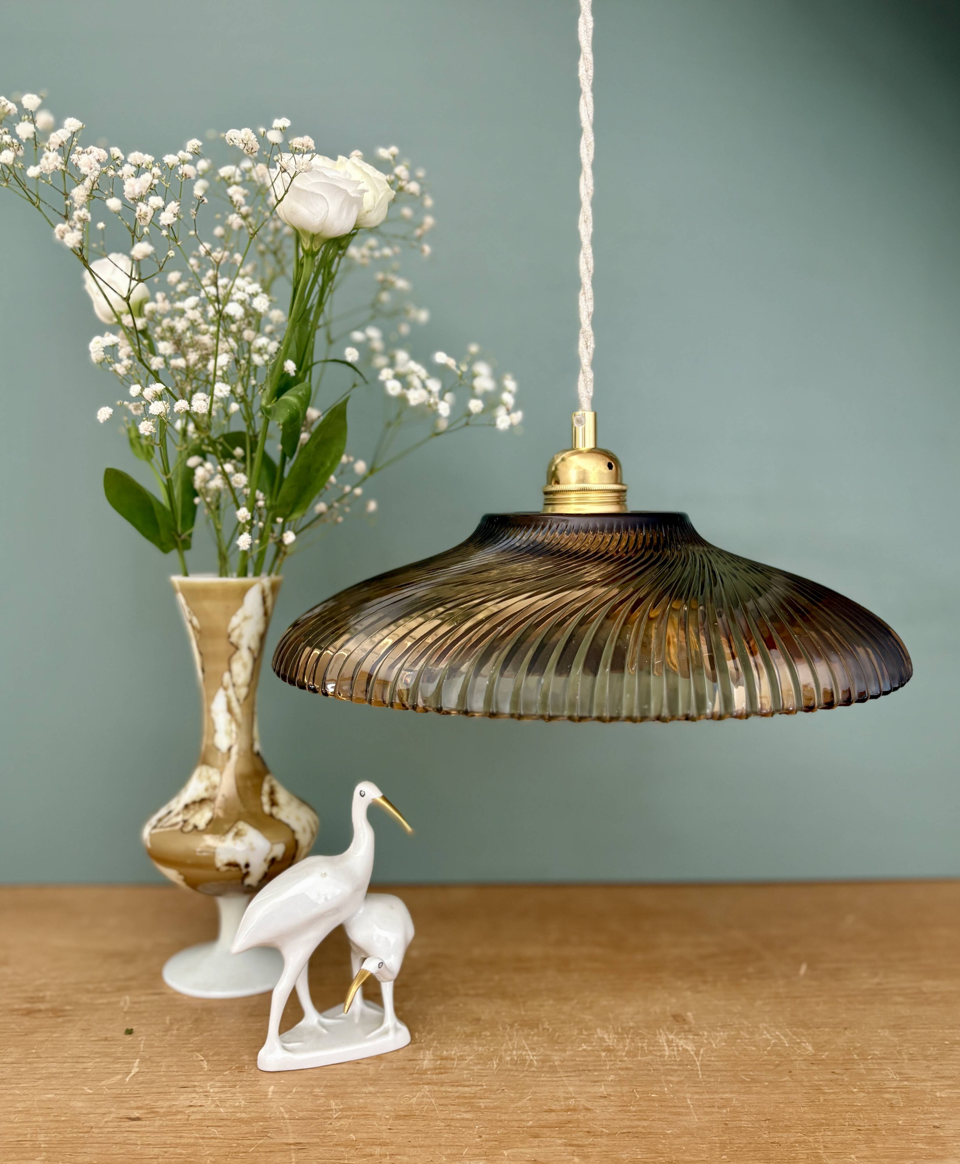 Vintage amber molded glass lampshade pendant light - tableware collection -