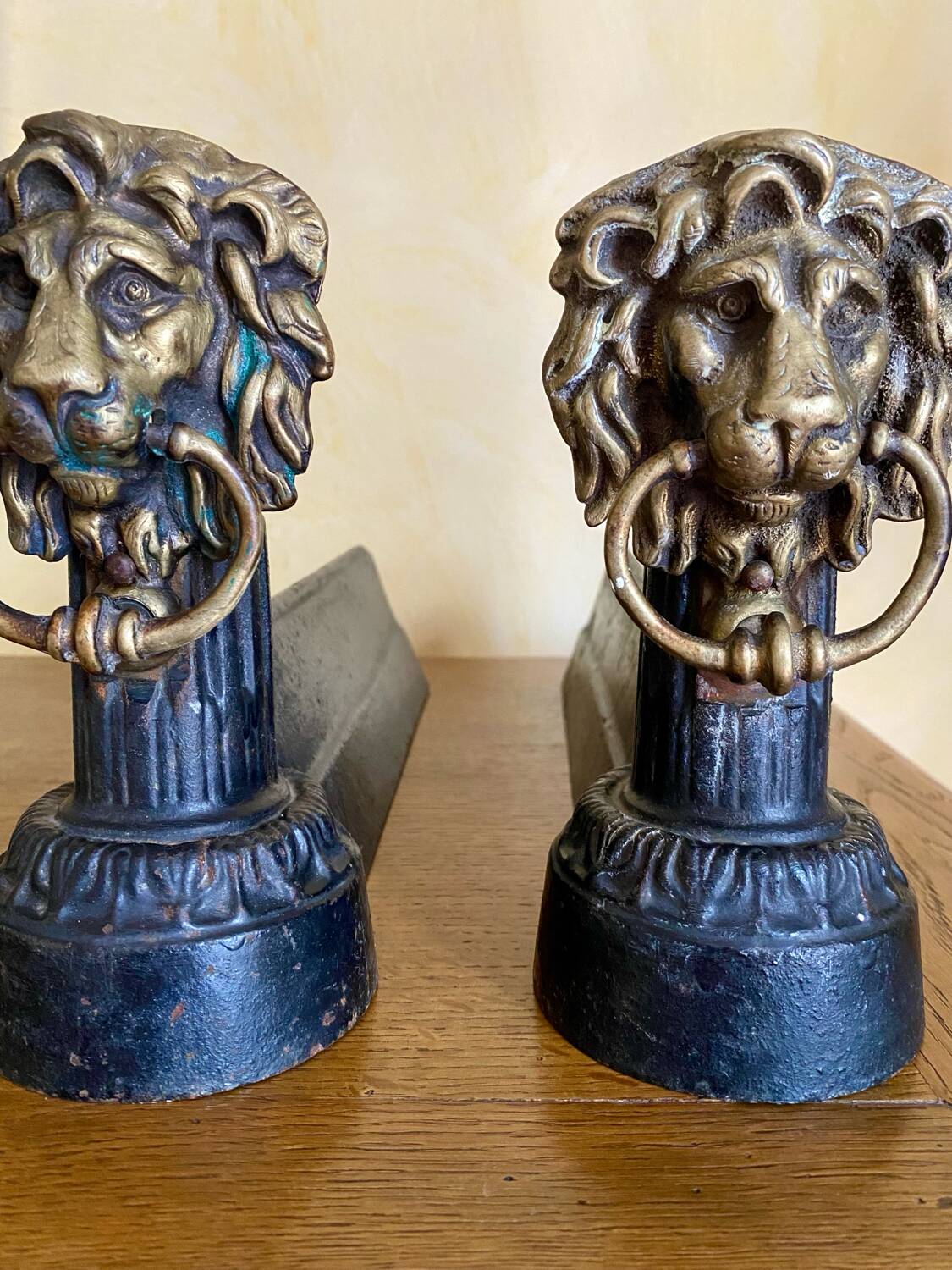 Pair of antique fire dogs with lion heads - patinated cast iron