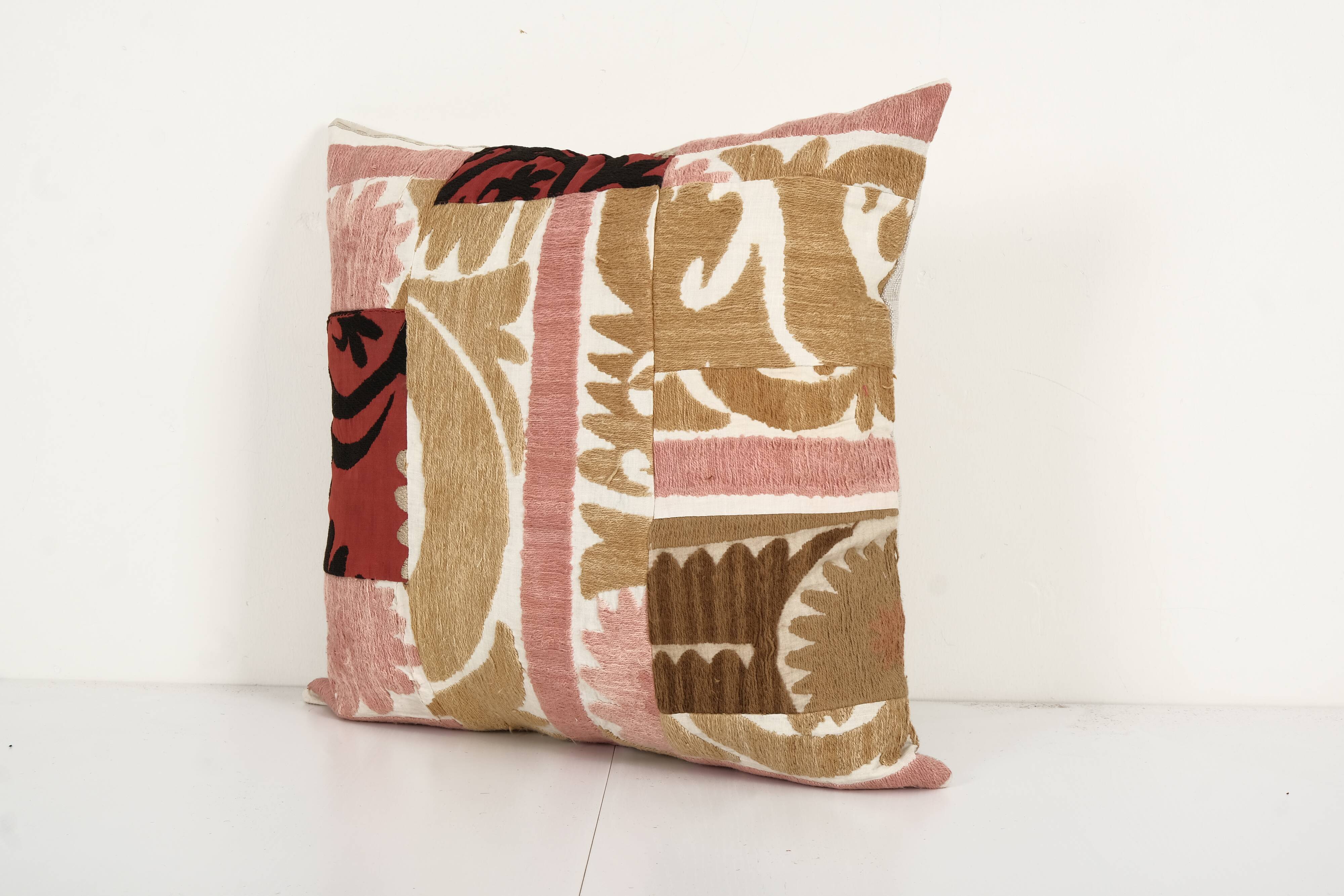 Pastel tashkent suzani square patchwork pillow case made from a 19th century suzani - uzbek abstract