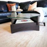 Vintage round coffee table with glass, wood and tiles