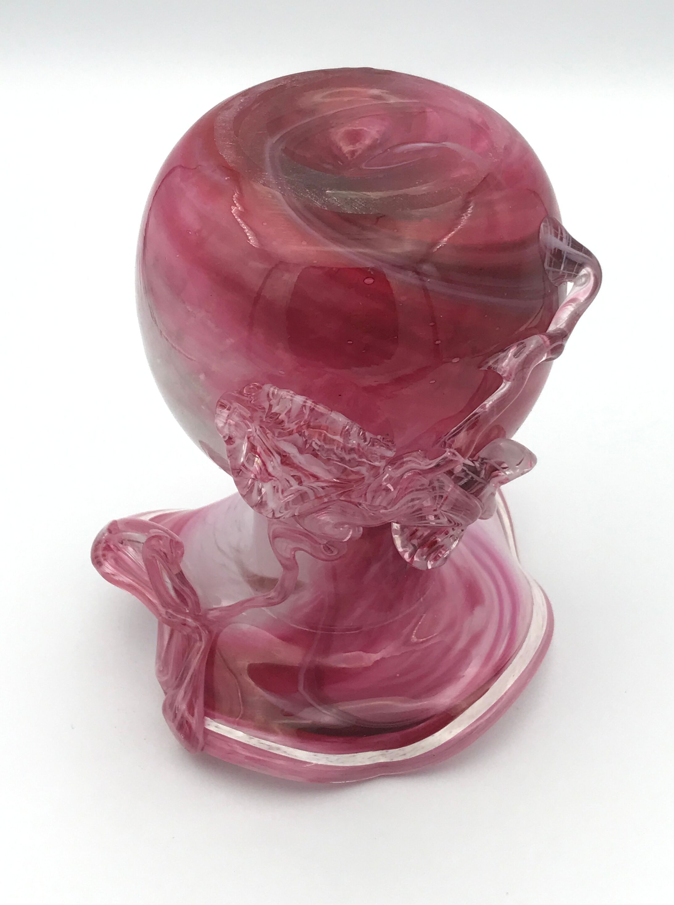 Hand-blown glass vase pink shade with sculptural leaf decor