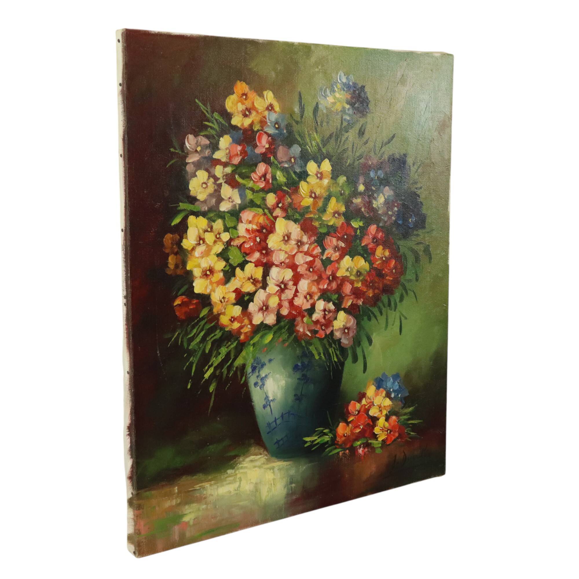 Grande nature morte de fleurs colorées signée 60x50cm