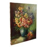 Grande nature morte de fleurs colorées signée 60x50cm
