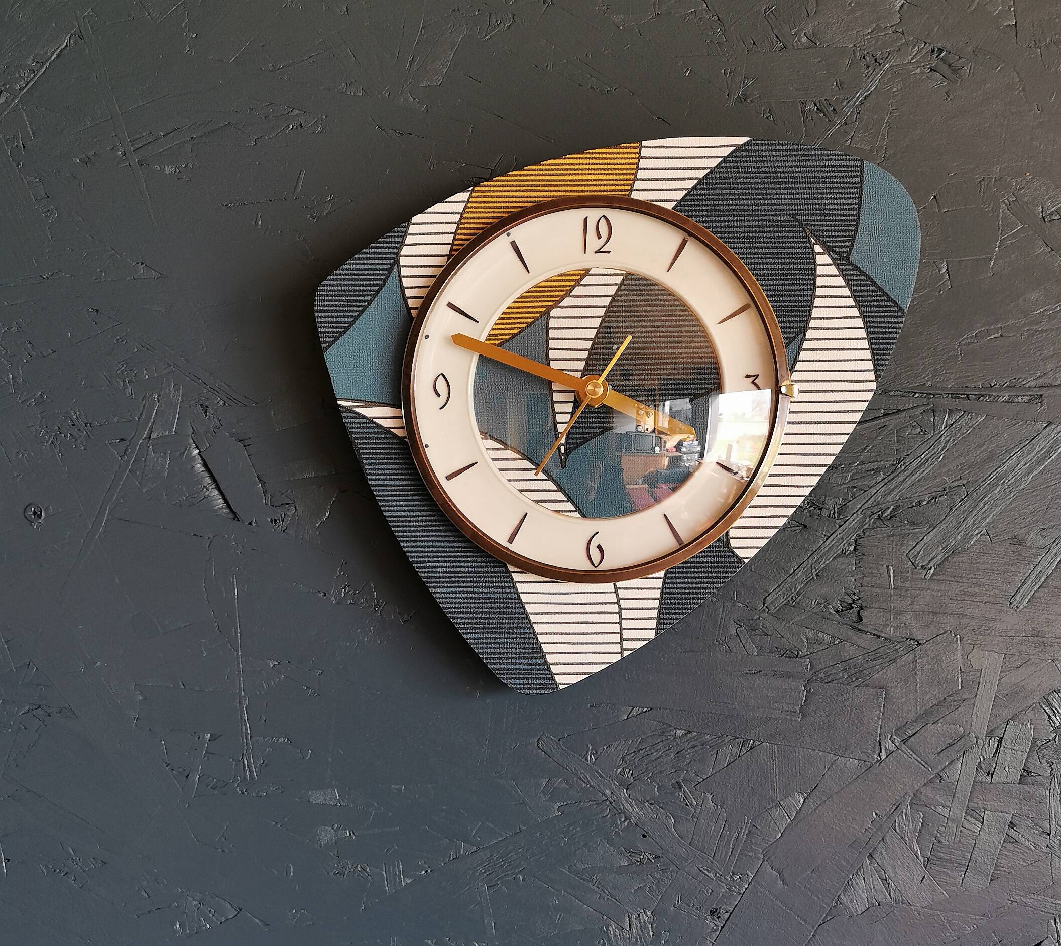 Vintage silent wall pendulum clock from the 60s asymmetrical "Striped blue white ocher"