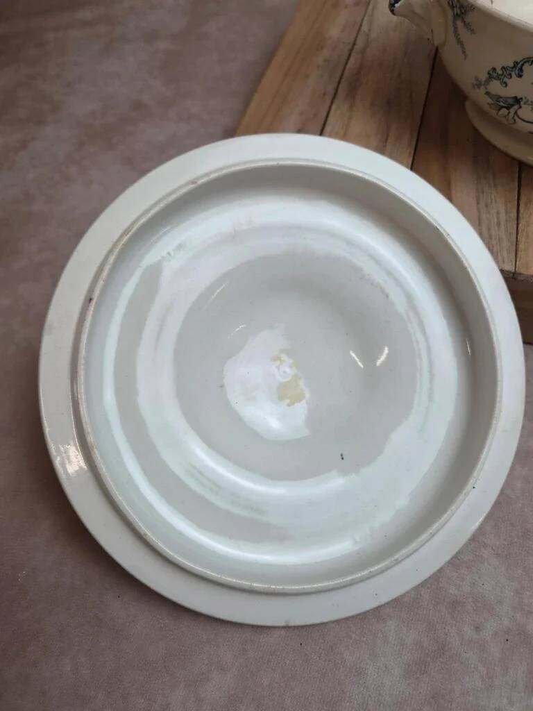 Antique ironstone soup tureen Clairefontaine with blue cyclamen decoration.