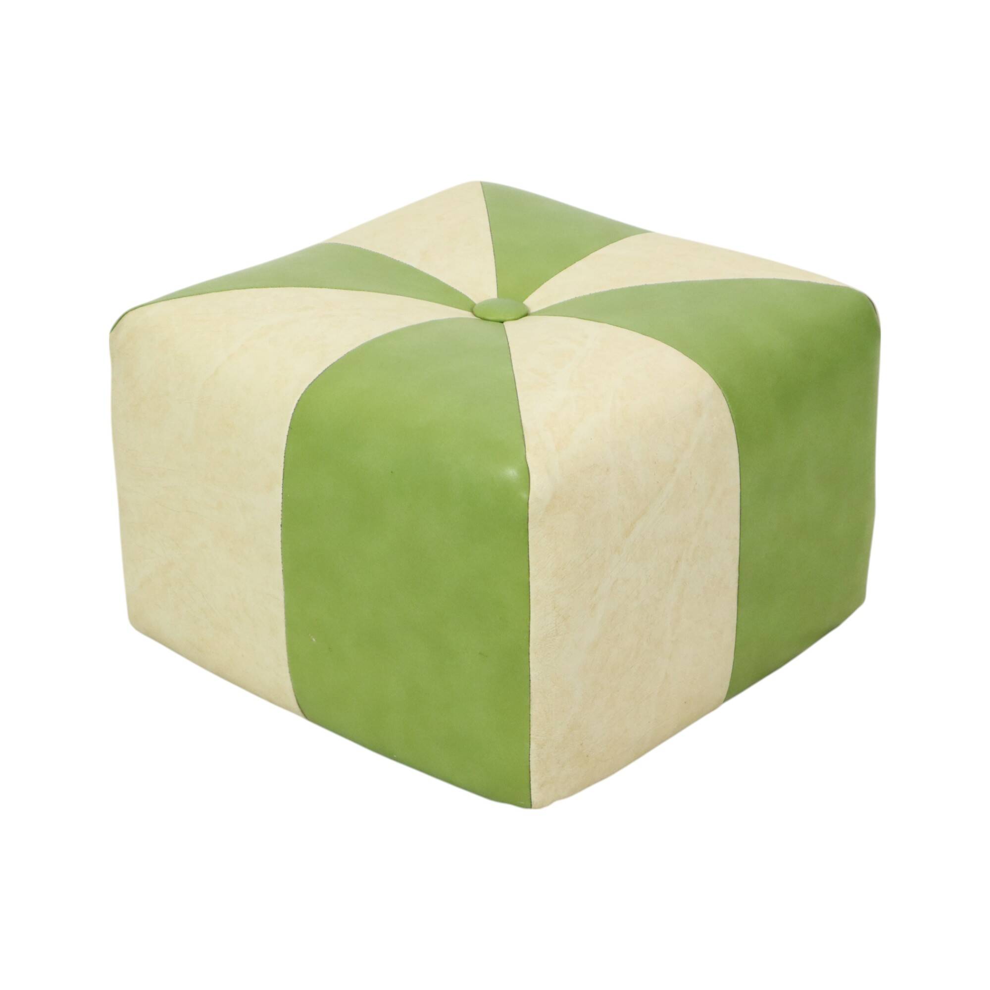 Pouf carré vintage skaï simili cuir vert crème 43cm