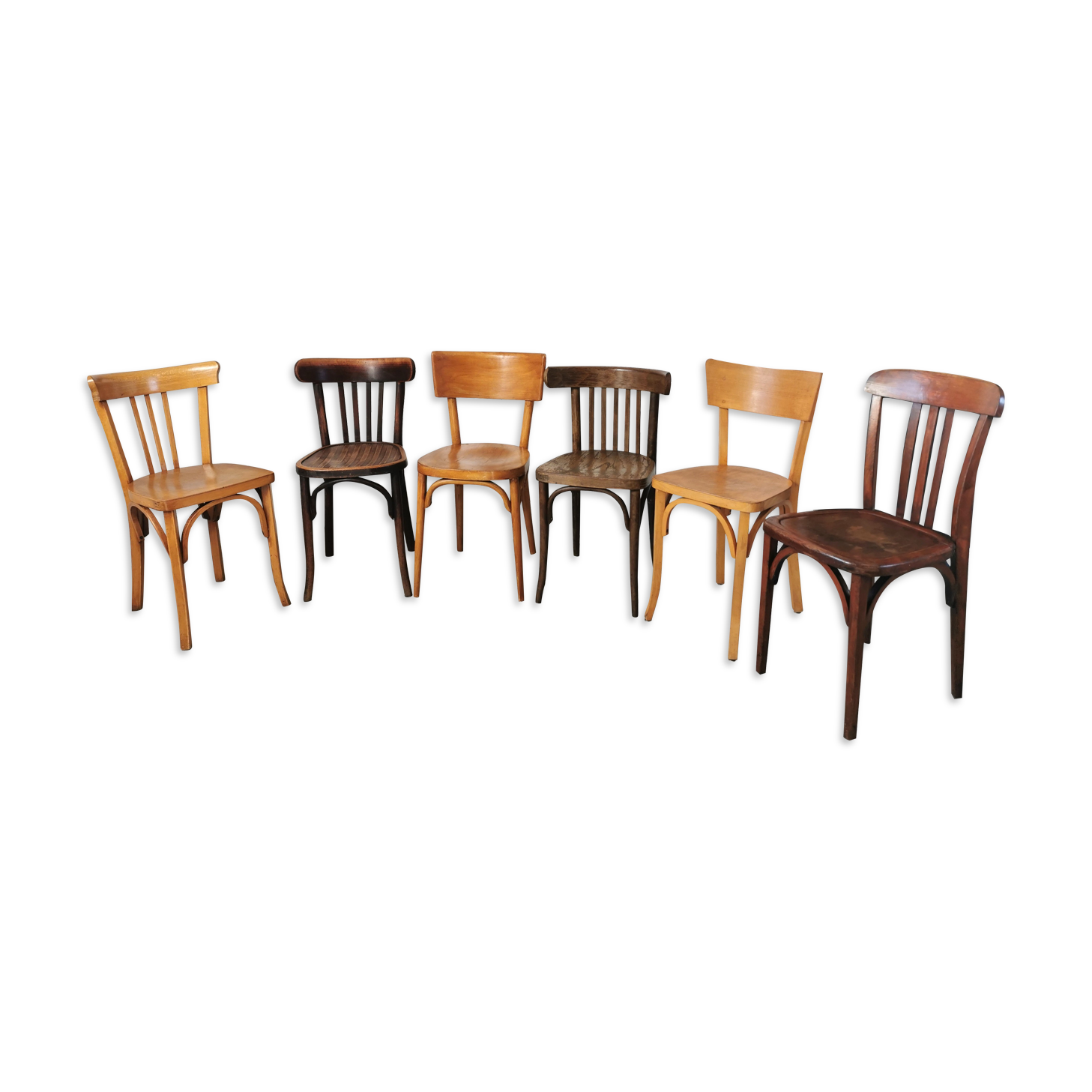 Baumann Stella and Luterma series of 6 mismatched bistro chairs