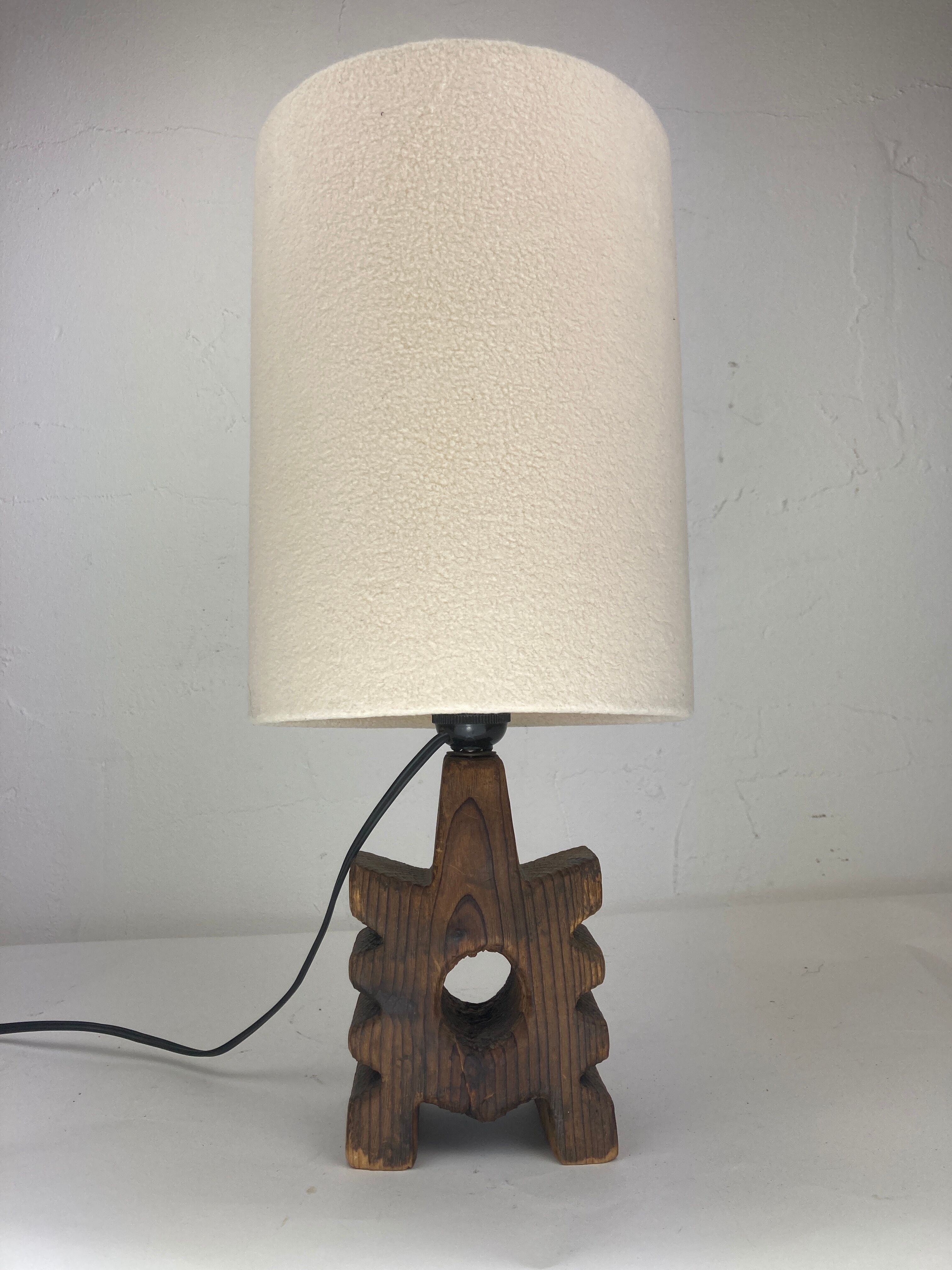 Brutalist wooden table lamp with teddy boucle shade. Dutch, 1970s