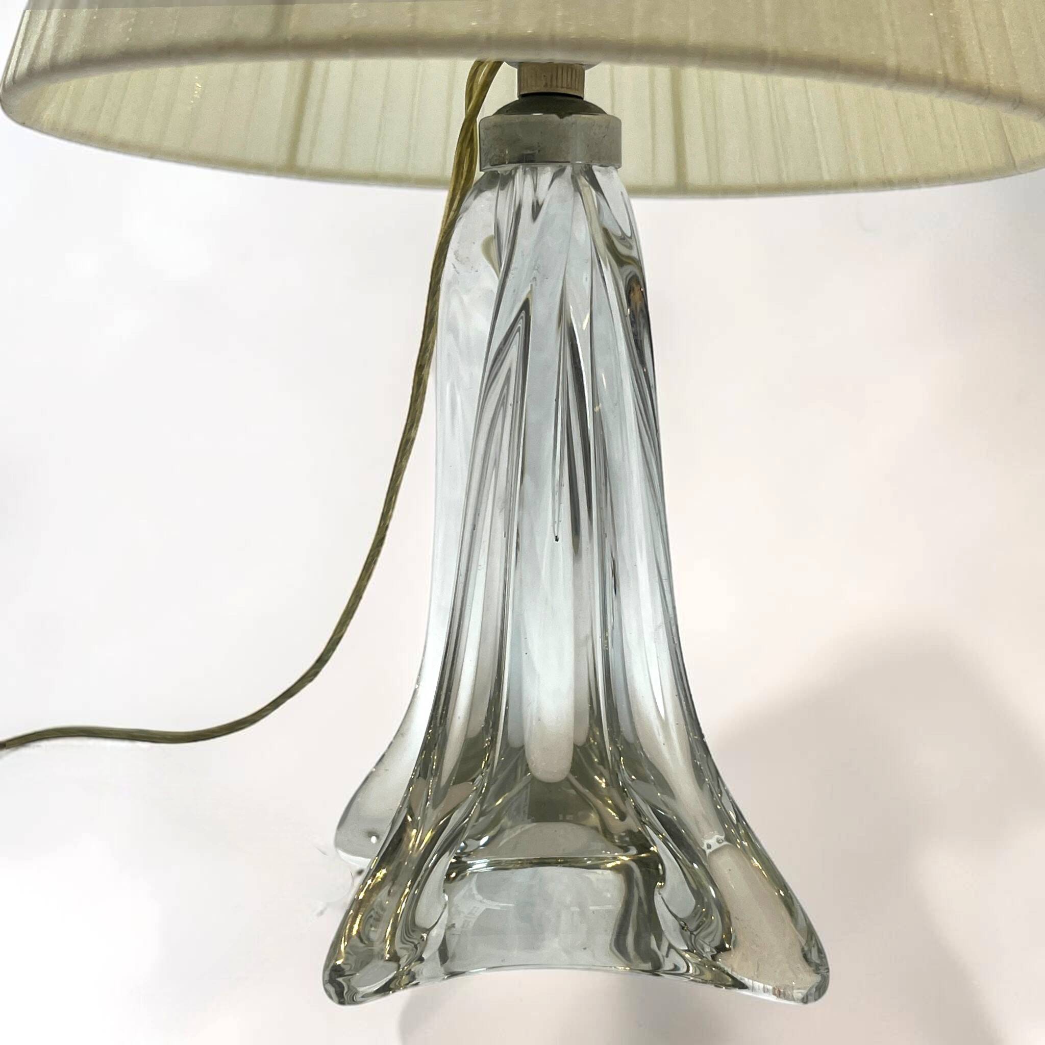 vintage crystal lamp base from the 1960s with a white ribbon shade