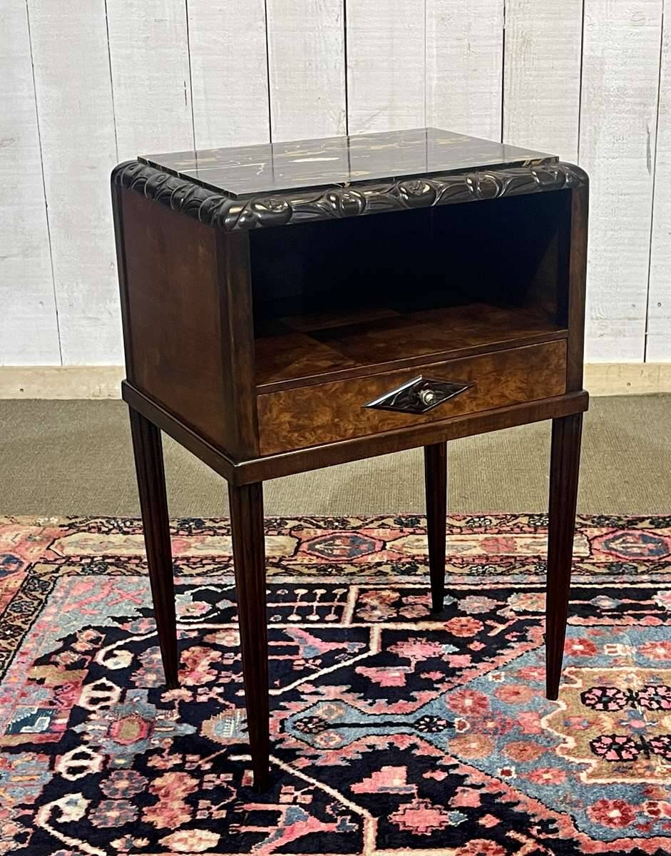 Art Deco bedside table in rosewood, walnut burl, and marble top.