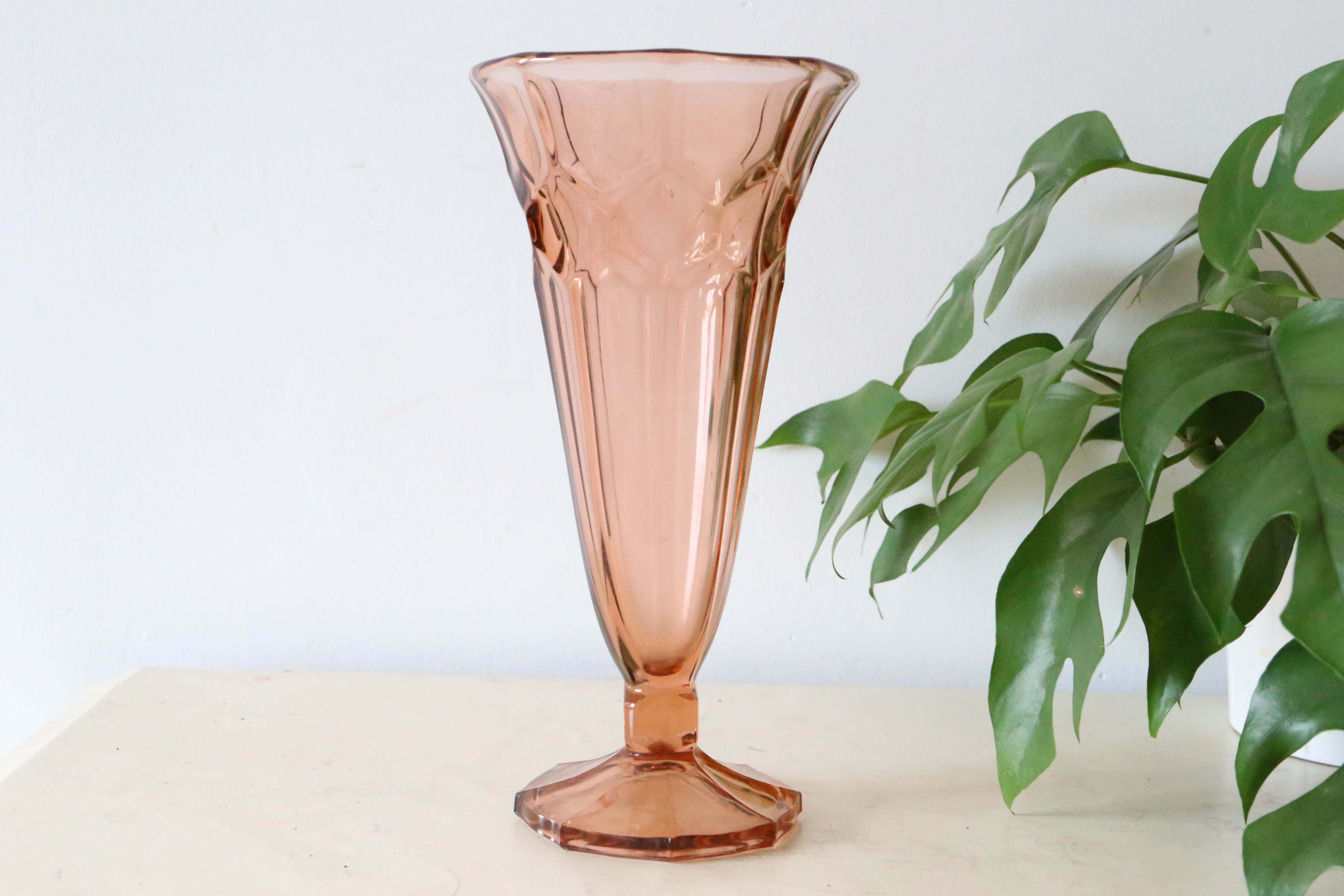 Large antique pink glass vase, molded glass, vintage French, authentic