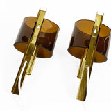 Pair of brass sconces with toned plastic shades, Denmark 1970s
