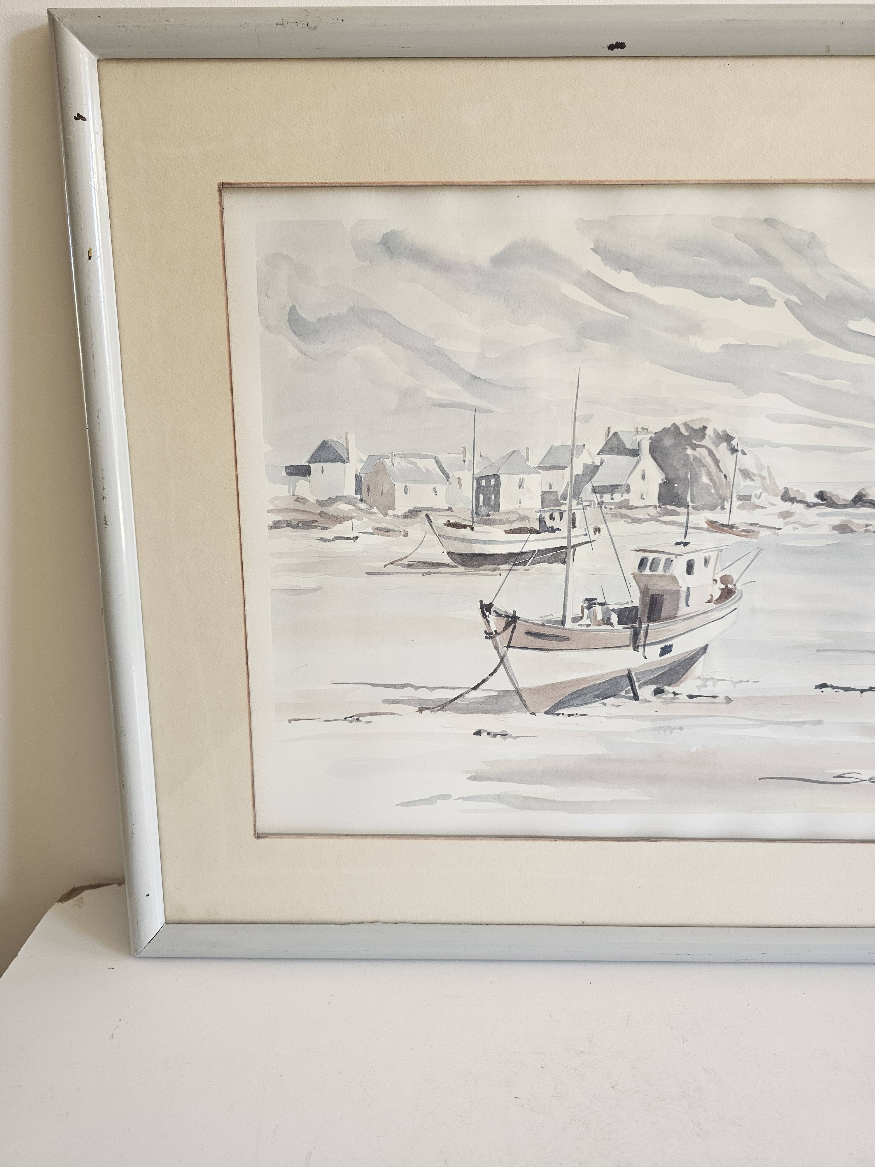 Tableau - Watercolour Landscape Brittany - Marine Boat - Signed Jen Pierre SER