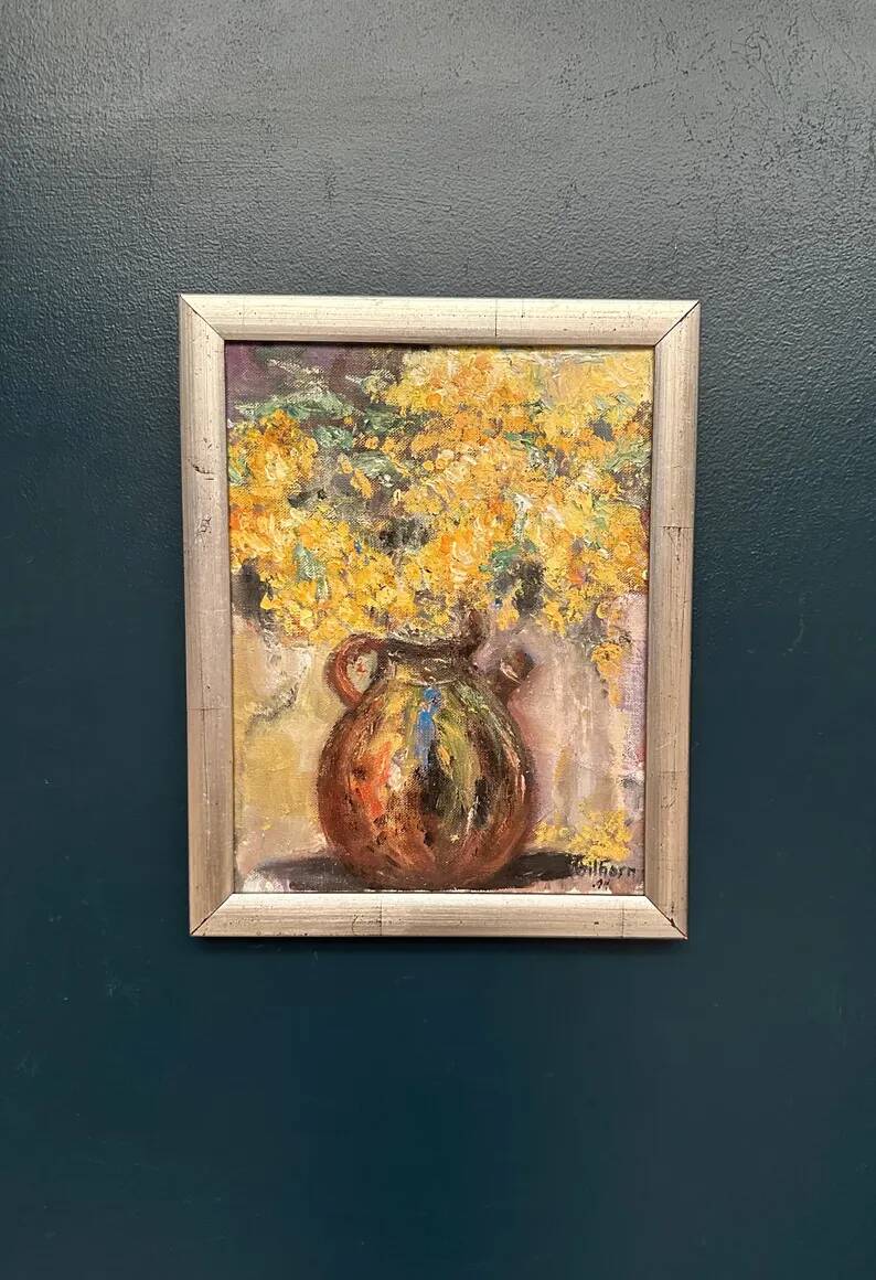 Original Swedish Oil on Canvas – “Vessel with Mimosa” by Monica Gilhorn – Signed – Vintage & Framed – 40 × 31.5 cm (15.7" × 12.4")