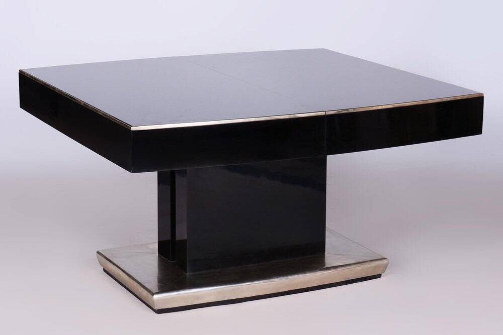 Large Art Deco Chrome and Black Glass Extendable Dining Table, 1930s