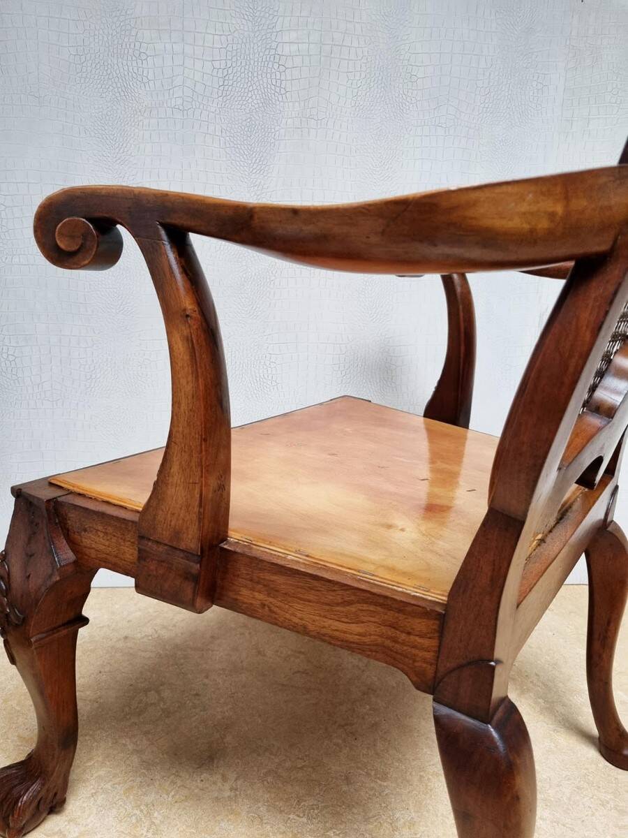 Chippendale Bergere Armchair, Carved Mahogany with Cane and Lion Claw Ball