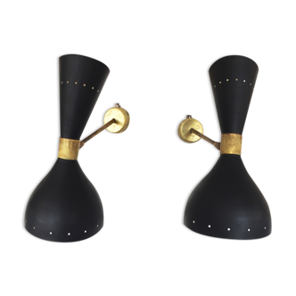 Paire d'appliques noires et laiton de design 1950