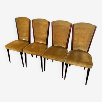 4 chaises en bois vintage et velours jaune moutarde