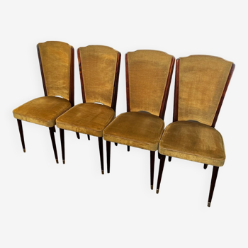 4 vintage wooden and mustard yellow velvet chairs
