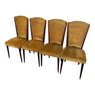 4 vintage wooden and mustard yellow velvet chairs