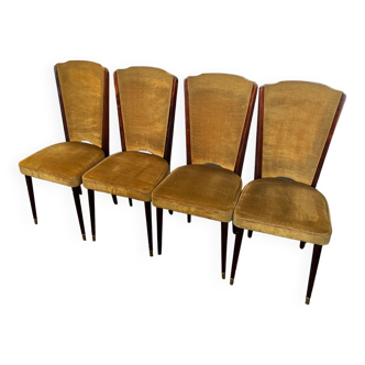 4 chaises en bois vintage et velours jaune moutarde