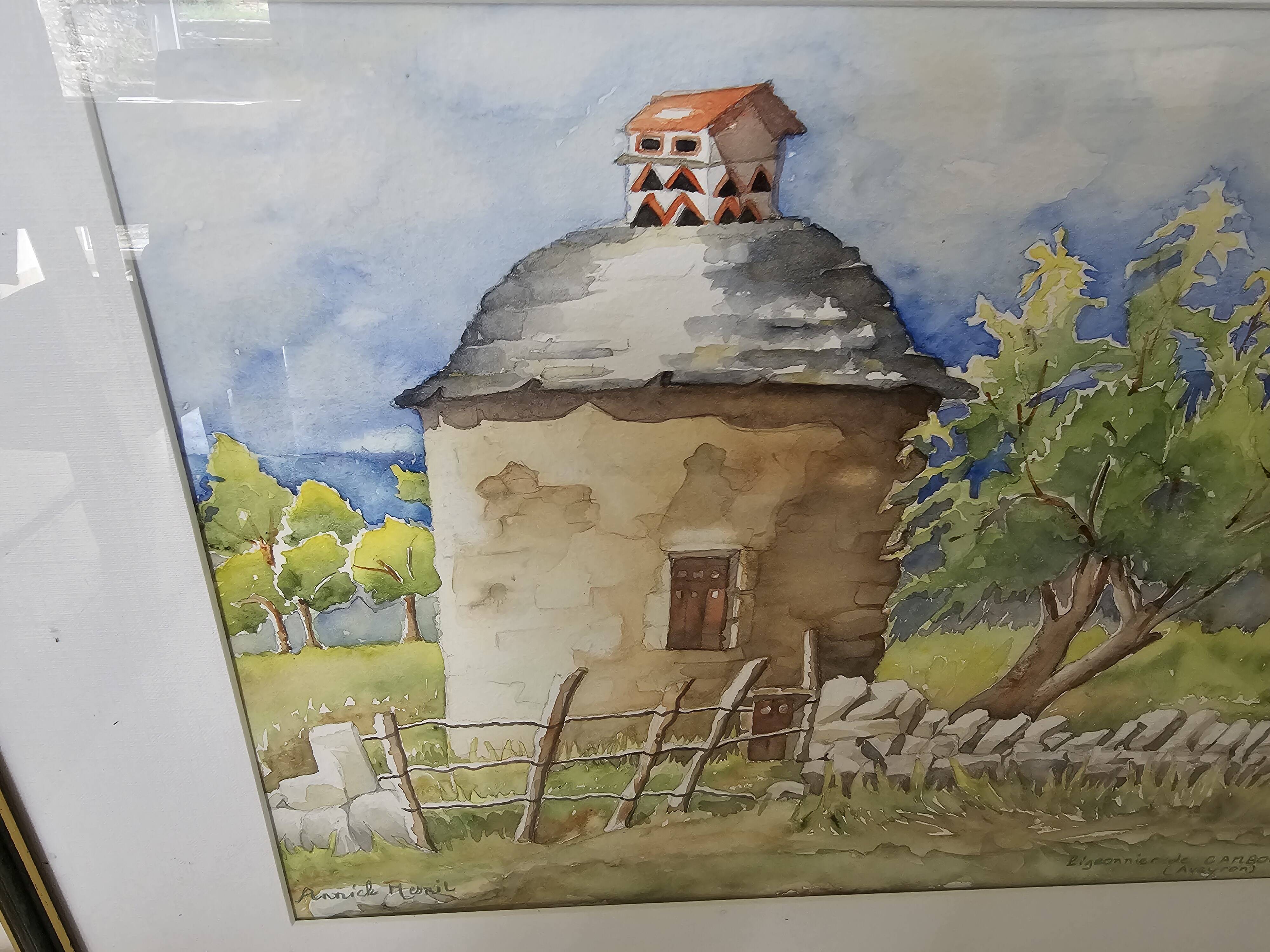 Watercolor of the dovecote of Camboulan Aveyron signed Annick Mesnil