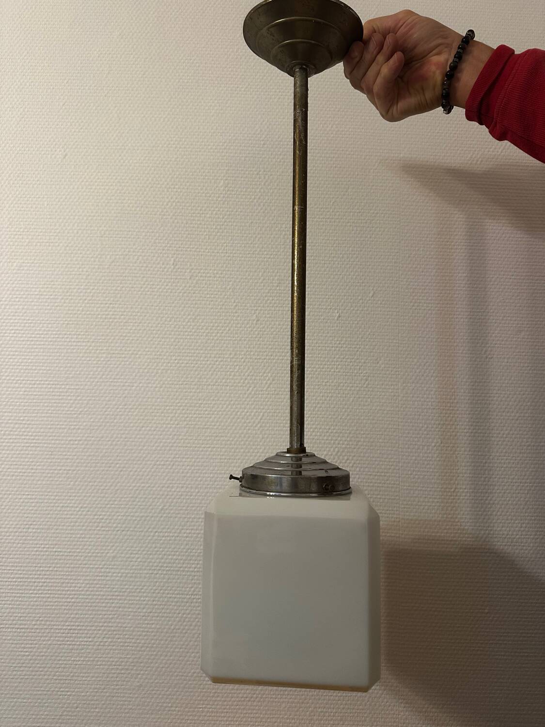 Opaline cubic pendant lamp in Art Deco style attributed to Walter Georg Kostk.