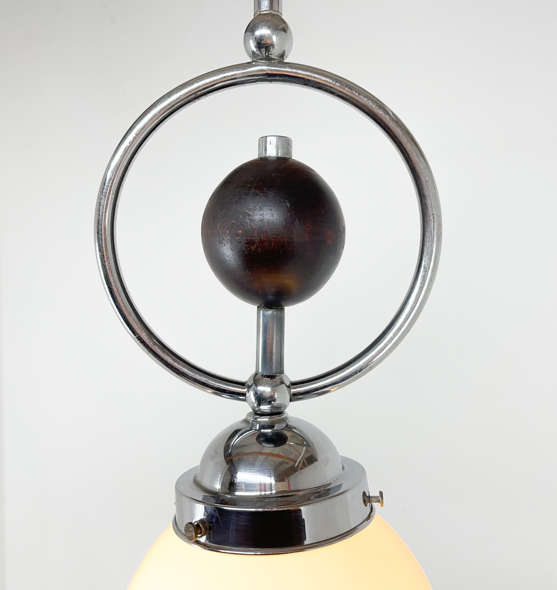 Art Deco Chrome Pendant Light with Wooden Decor