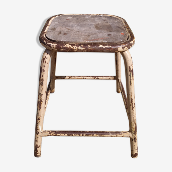 Vintage workshop stool made of wood and metal