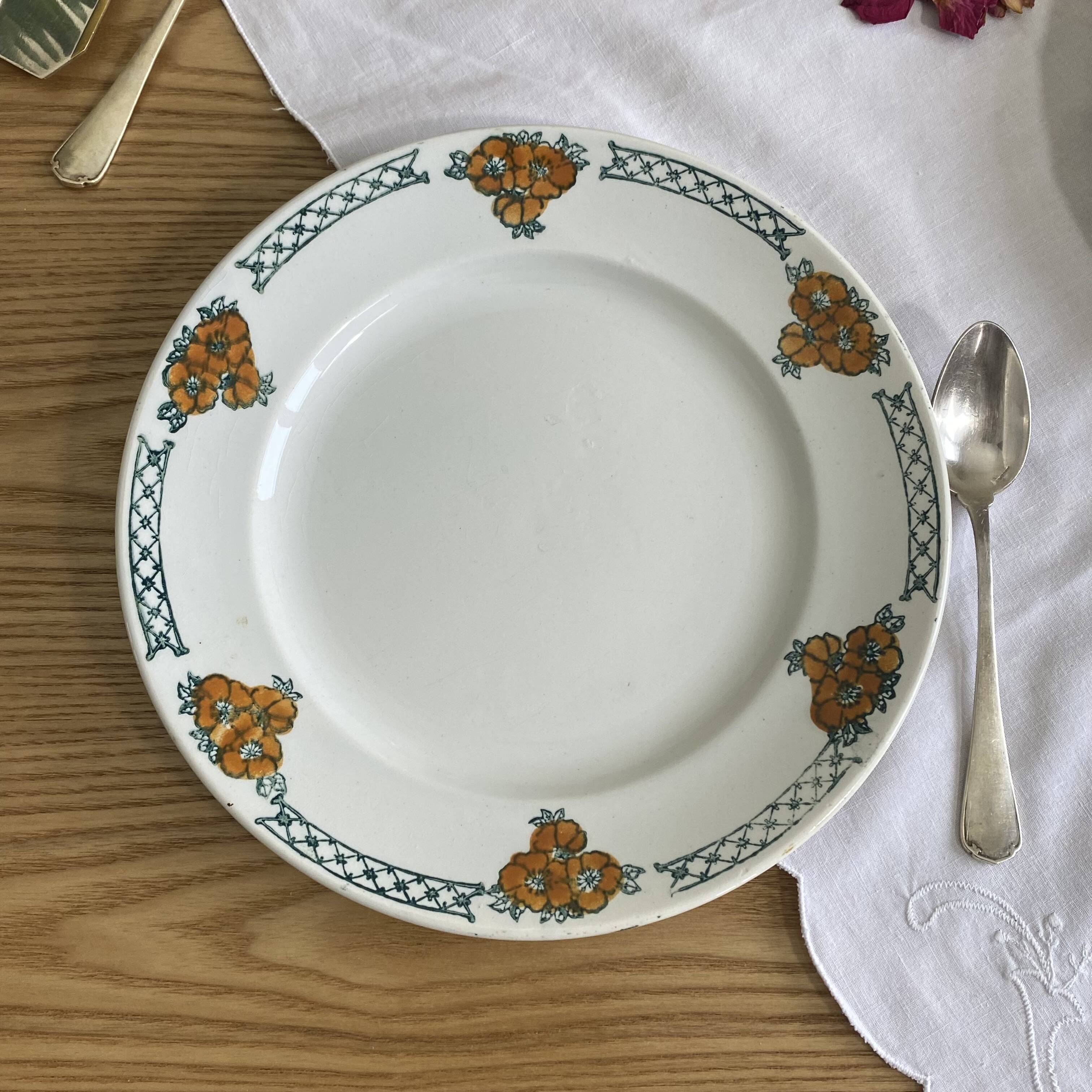 6 antique earthenware dessert plates, ironstone, Moulin des Loups Aubépine