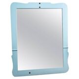 Large antique mirror with a solid wood frame painted turquoise and with red accents, mirror effect glass.