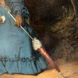 Huile sur toile femme à l'ombrelle dans un sous-bois XIXe