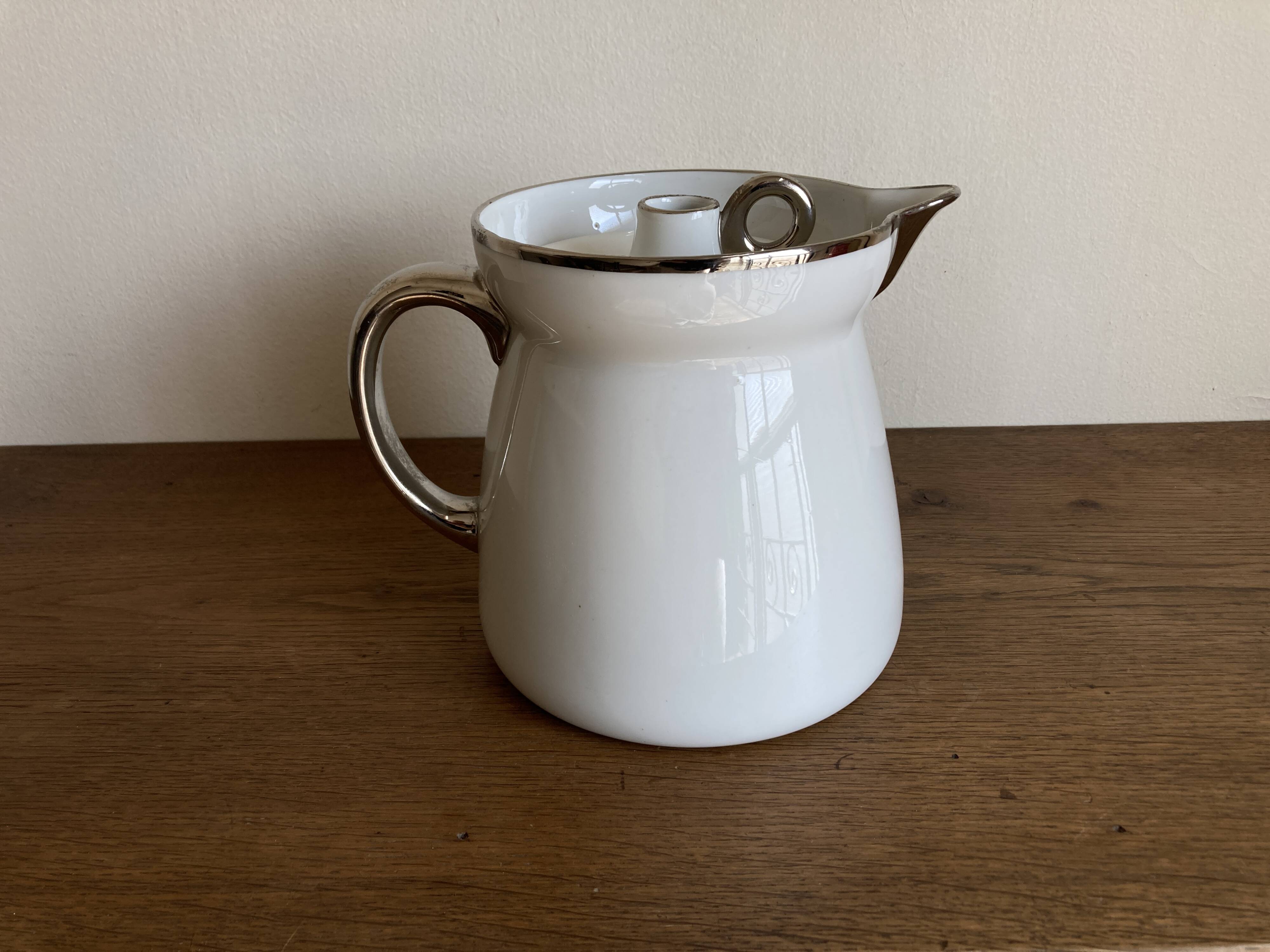 XXL modernist flowerpot pitcher vase in platinum and white porcelain