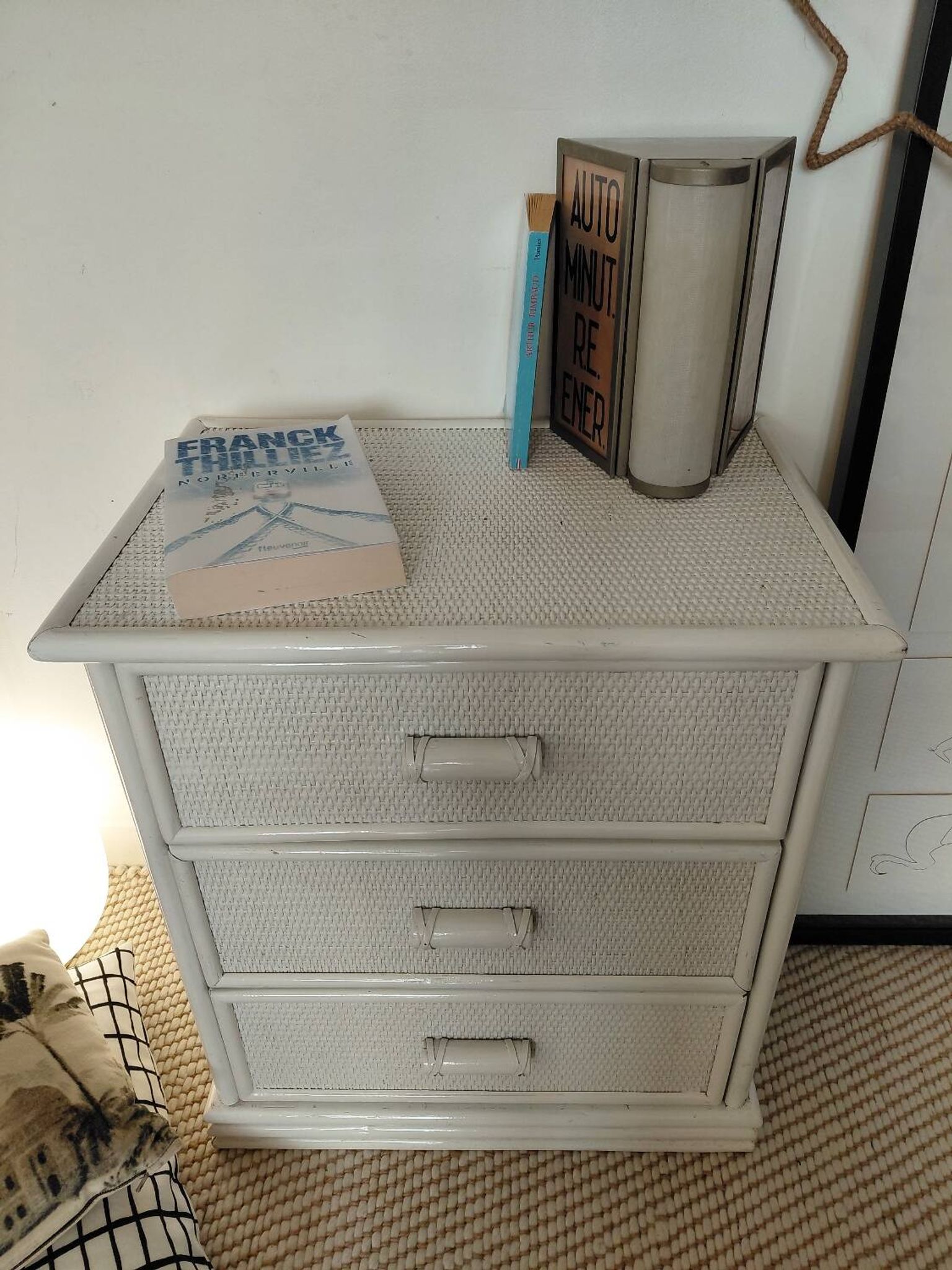 Vintage cane commode with 3 drawers - white patinated wood - seaside spirit
