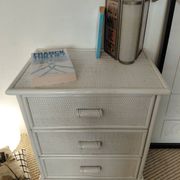 Vintage cane commode with 3 drawers - white patinated wood - seaside spirit