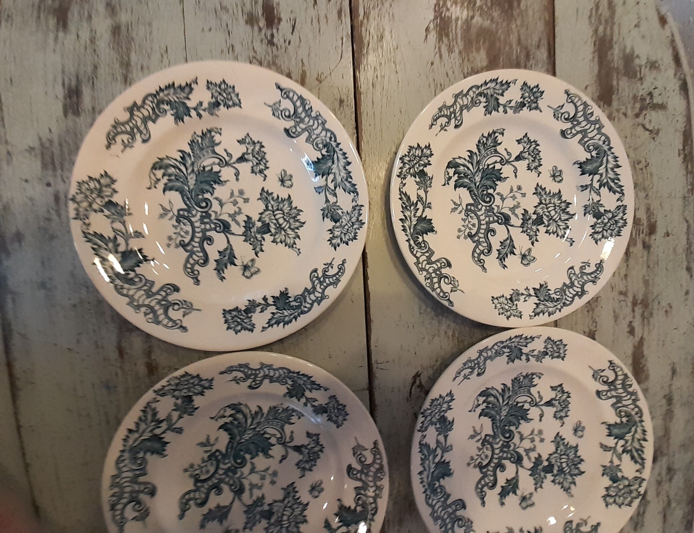 6 flat plates earthenware of longwy fimes blue decoration flowers and butterflies