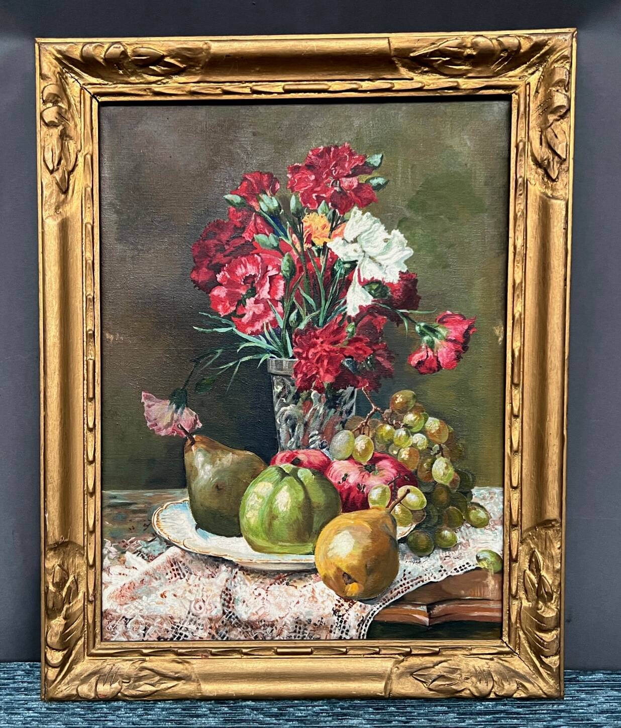 Old painting “Still life with flowers and fruit”.
