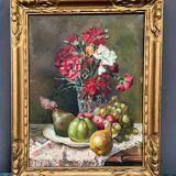 Tableau ancien « Nature morte aux fleurs et aux fruits ».
