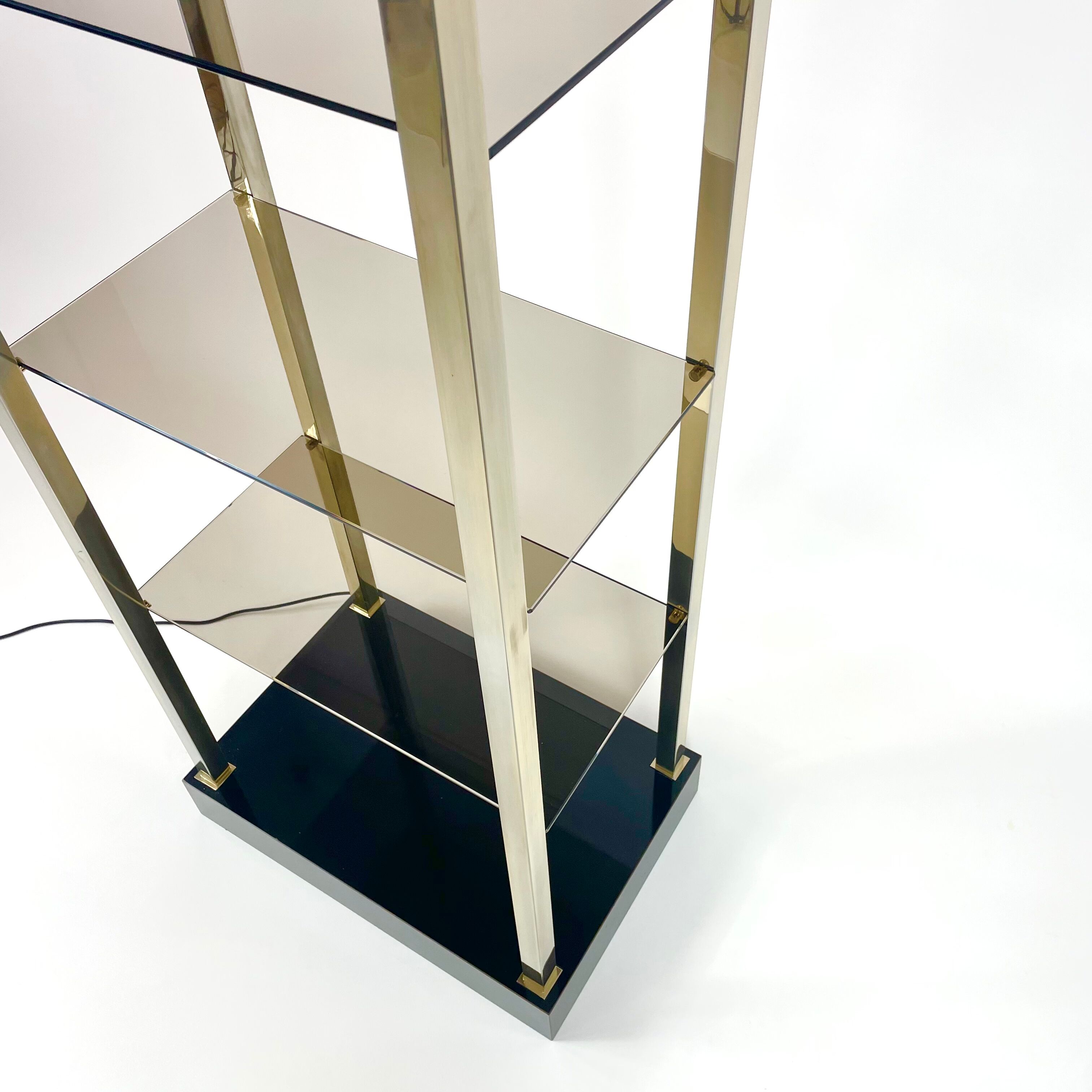 Brass and smoked glass shelf, belgo chrome, 1980