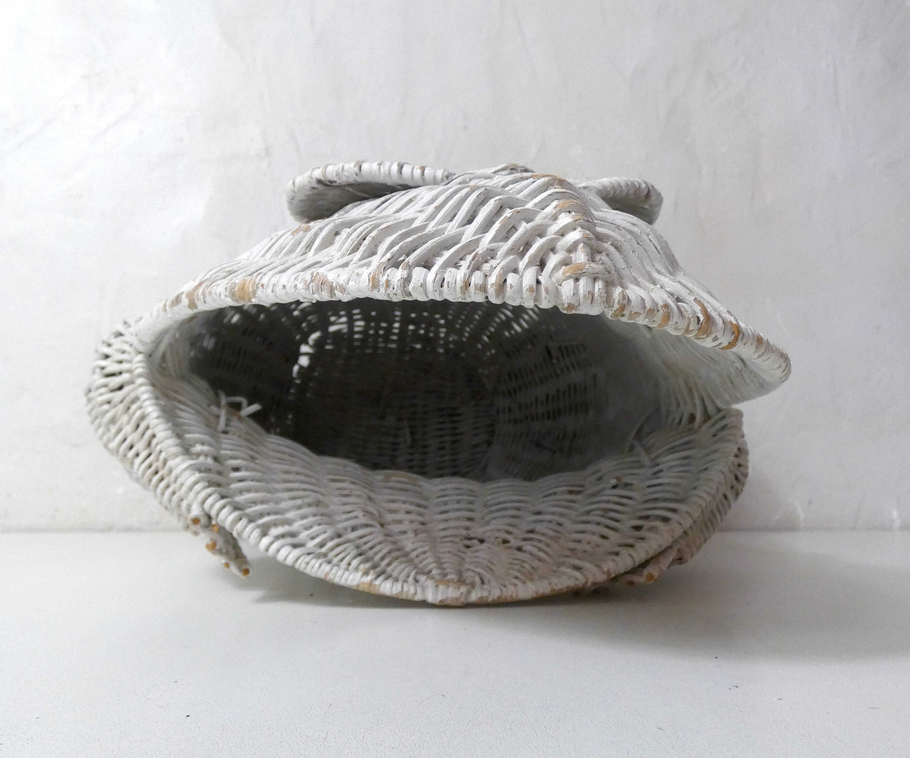 Corbeille à papier grenouille vintage en rotin blanc