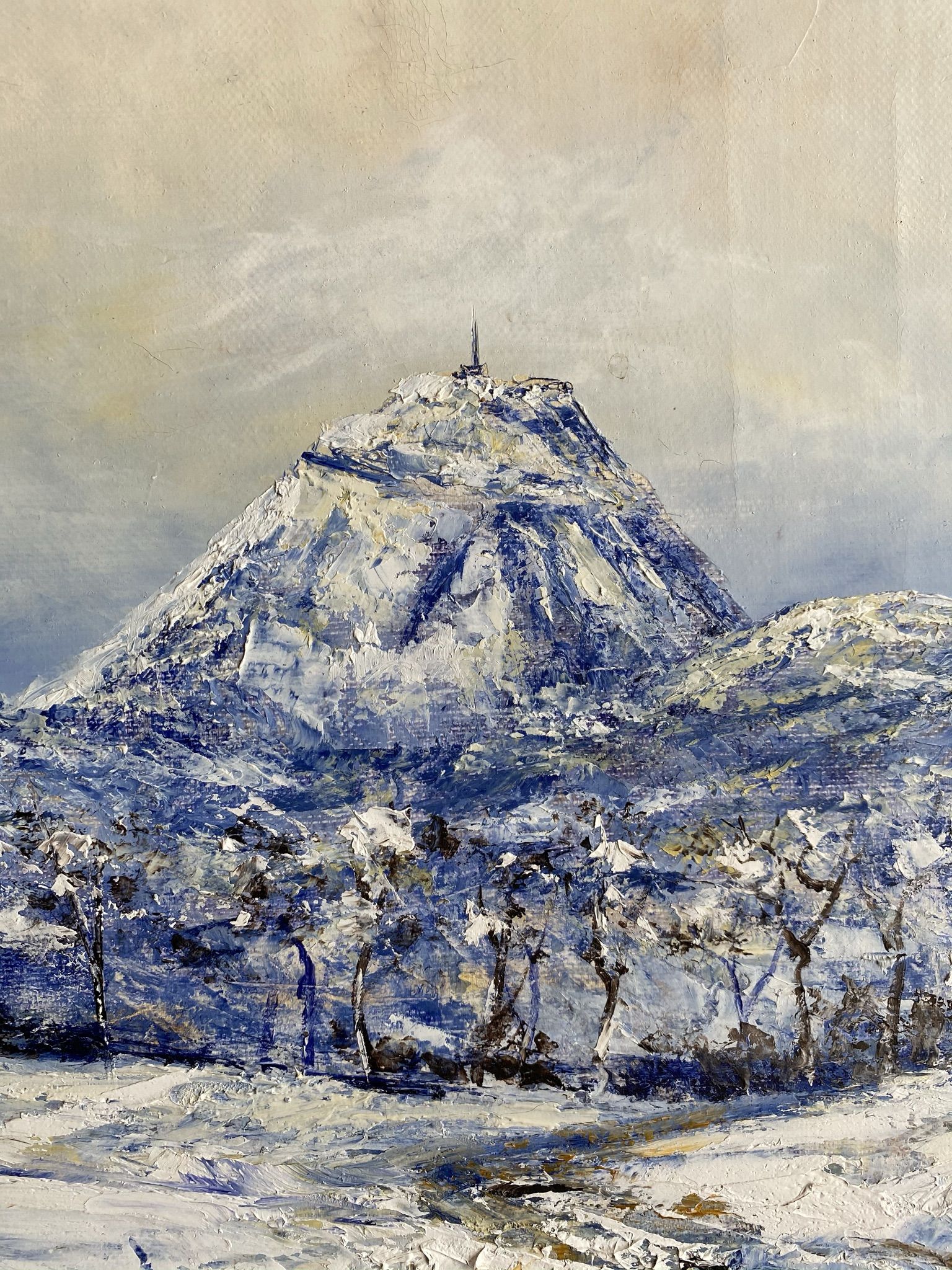 Ancient painting, winter landscape in Auvergne, signed, 20th century