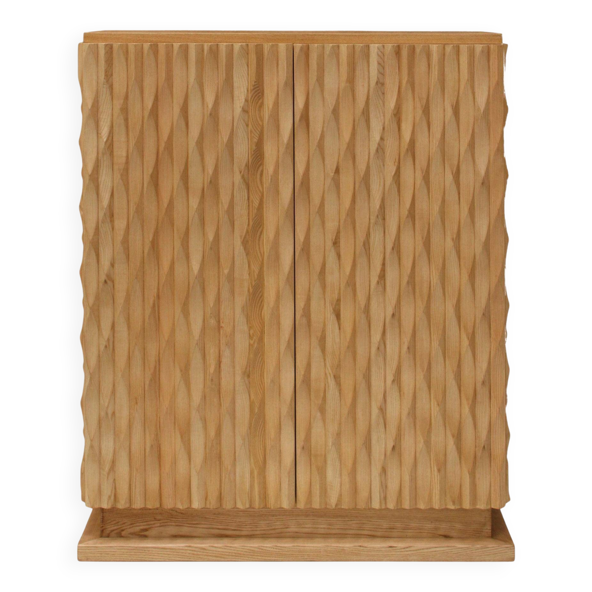 Brutalist Style Hand-carved Solid Oak Wood and Glass Mirror Italian Bar Cabinet