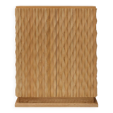 Brutalist Style Hand-carved Solid Oak Wood and Glass Mirror Italian Bar Cabinet