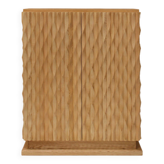 Brutalist Style Hand-carved Solid Oak Wood and Glass Mirror Italian Bar Cabinet